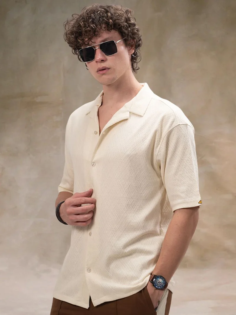 مانياك Maniac Mens Marble Texture Collared Neck Half Sleeve Cream Cotton Polo Shirt